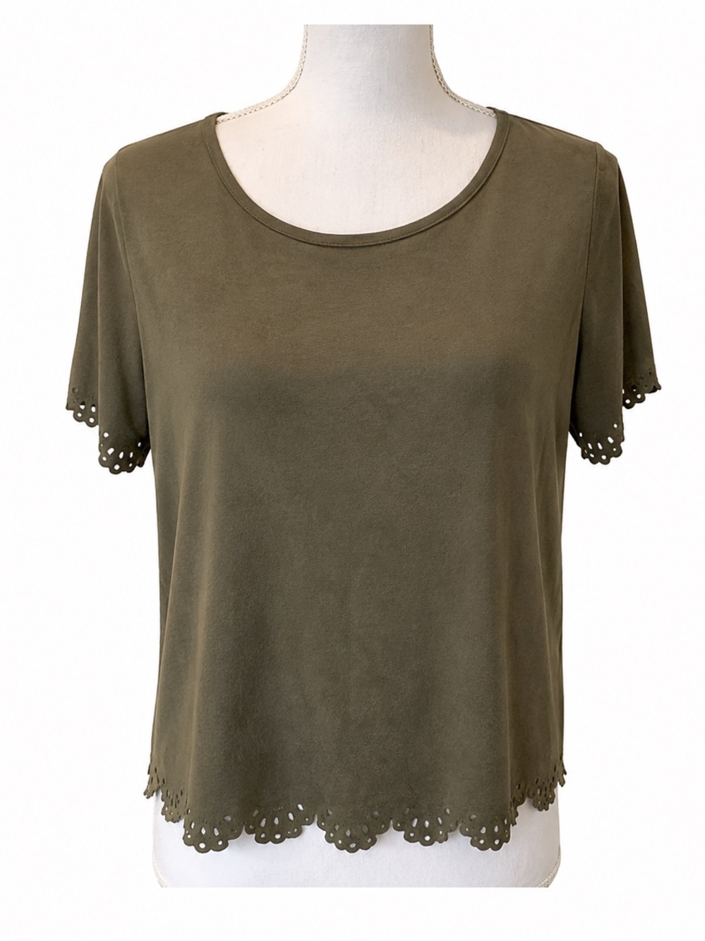 Jasmine Olive Green Scalloped Hem Top. Large